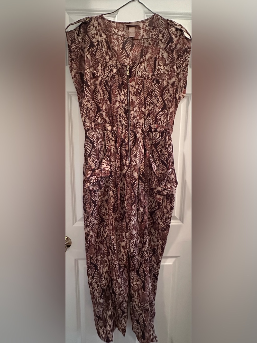 Womens Snake-Print Zip-Front Jumpsuit in Brown